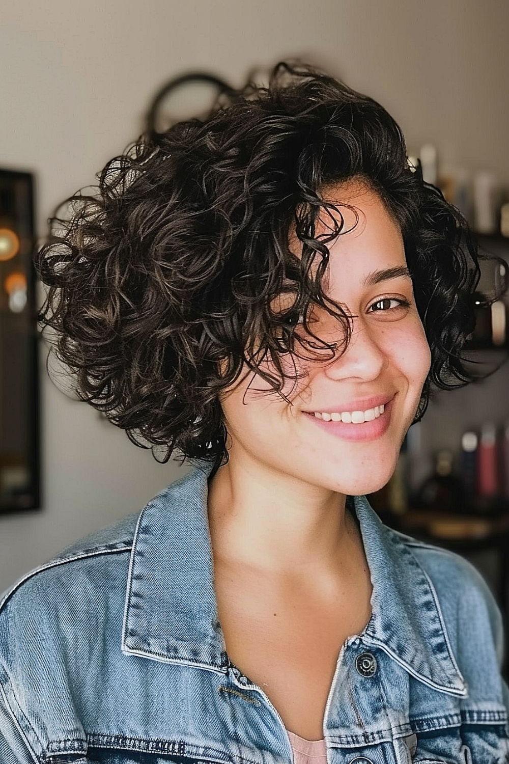 Woman with an asymmetrical curly bob hairstyle