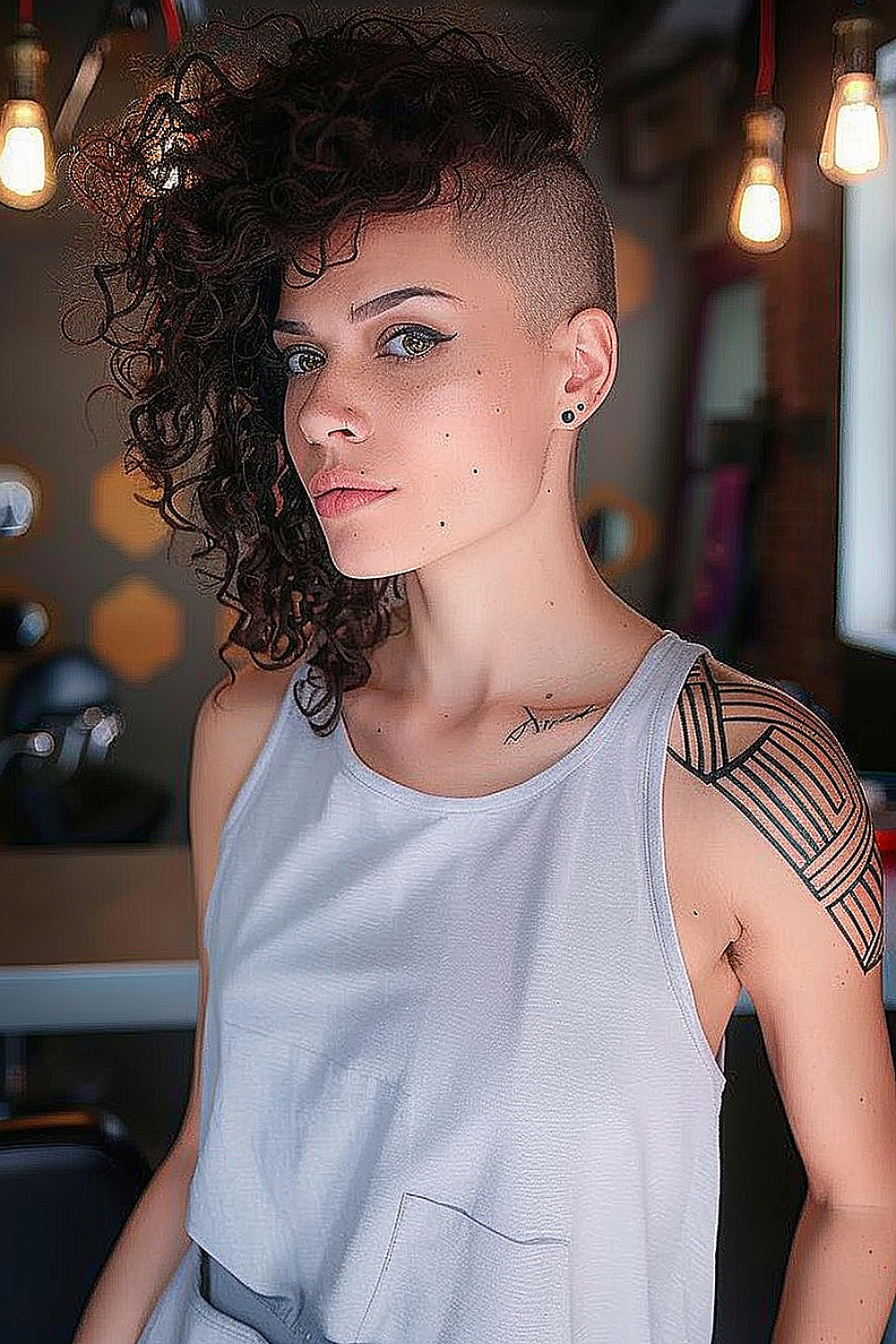 Woman with an asymmetrical curly undercut hairstyle