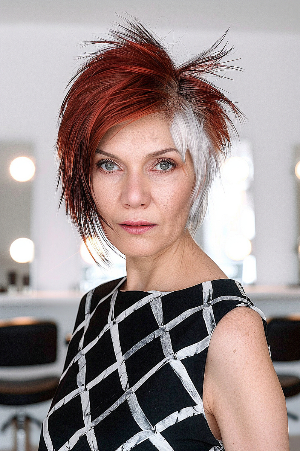 A woman with an asymmetrical haircut featuring razor bangs and vibrant red highlights