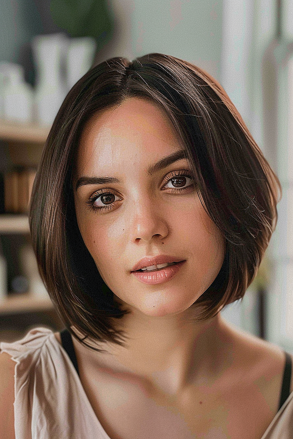 Woman with an asymmetrical layered bob haircut