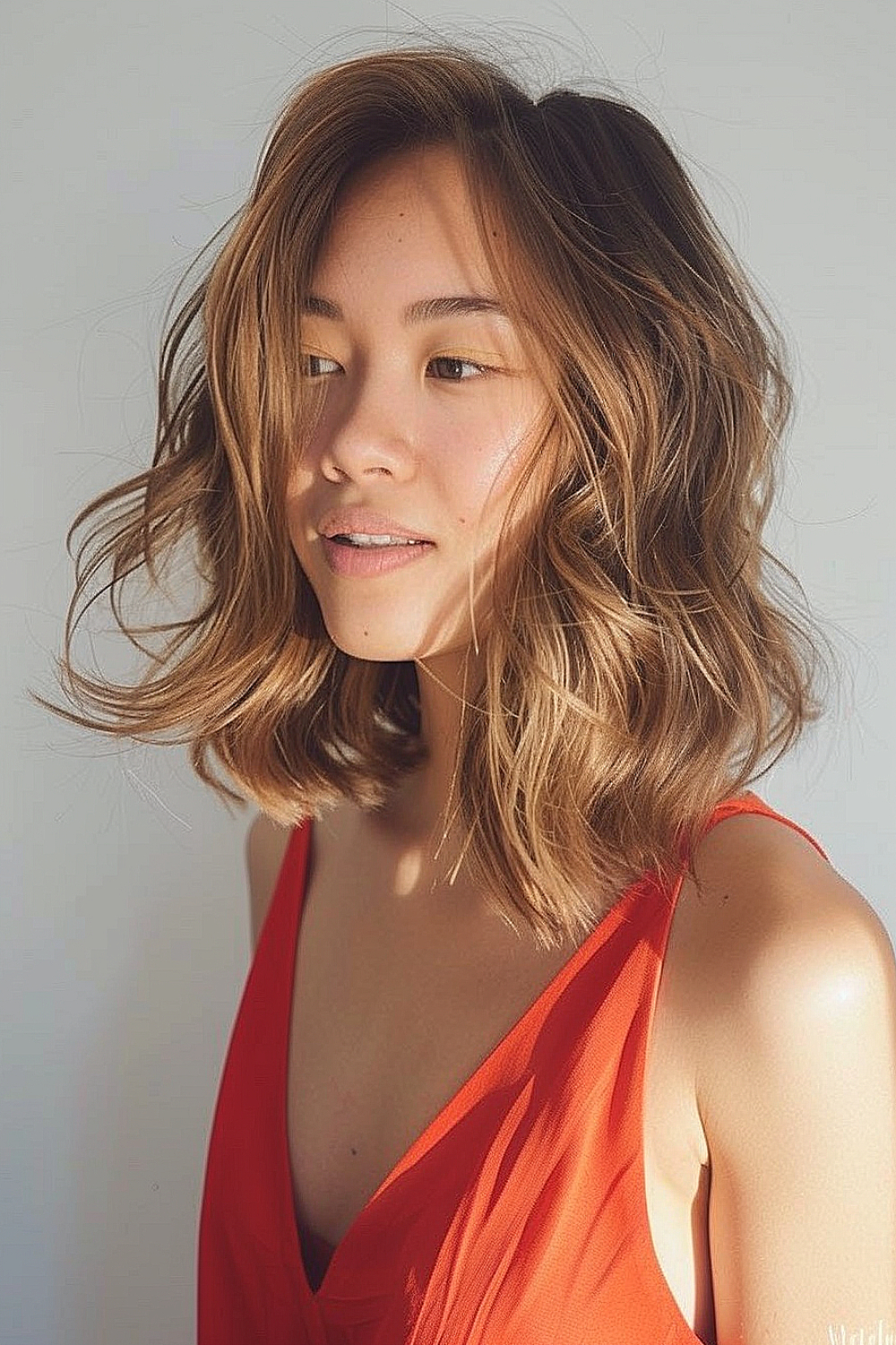 Woman with an asymmetrical layered cut featuring soft waves