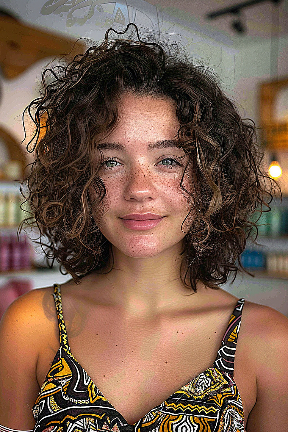 An asymmetrical lob enhancing the natural curls and volume of the hair, presenting a unique and confident style