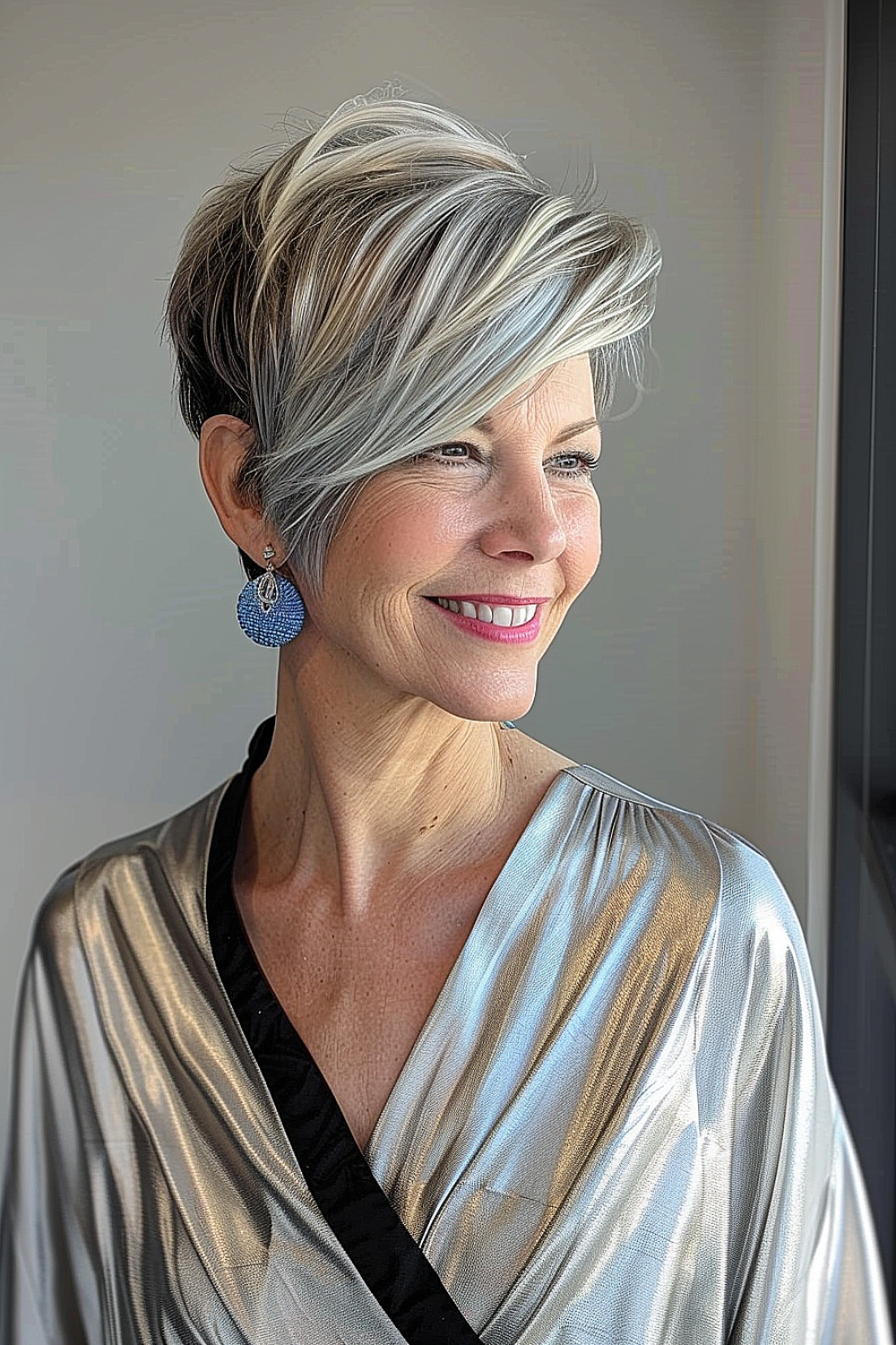 Woman with an asymmetrical pixie cut, featuring bold silver highlights and a deep side part