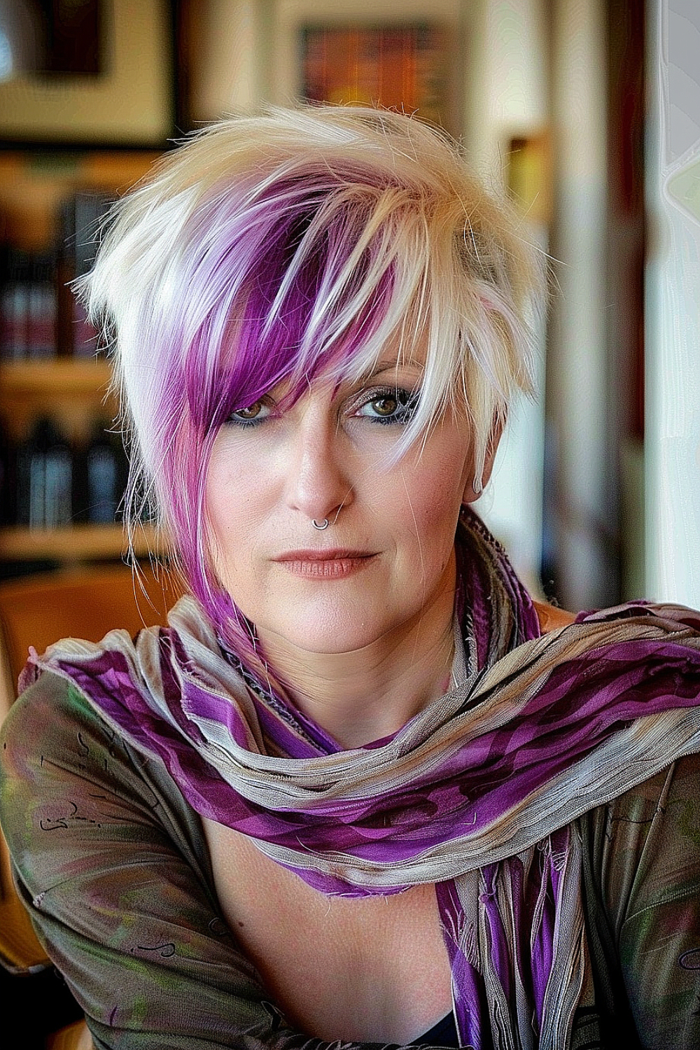 Asymmetrical pixie cut with peek-a-boo purple color on a woman over 50