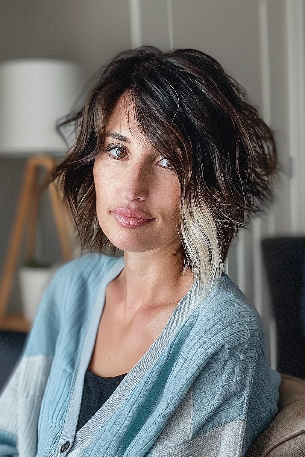 Woman with an asymmetrical shag haircut with bold angles and a contrasting color streak.