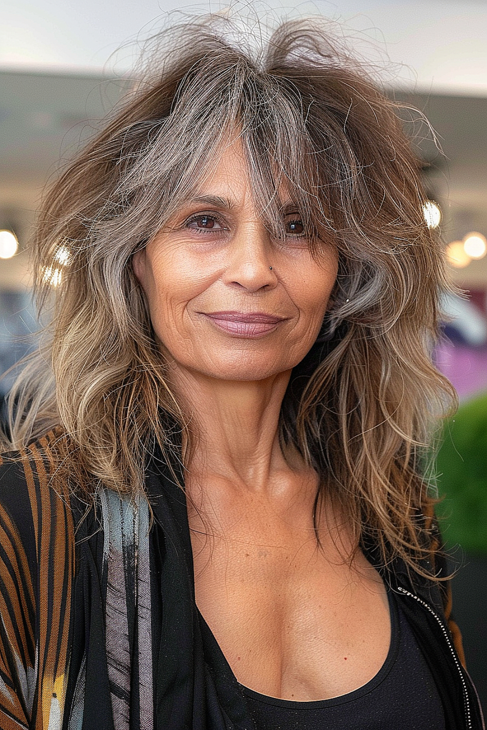 Woman with an asymmetrical shag haircut, featuring mixed natural and blonde tones with edgy layers