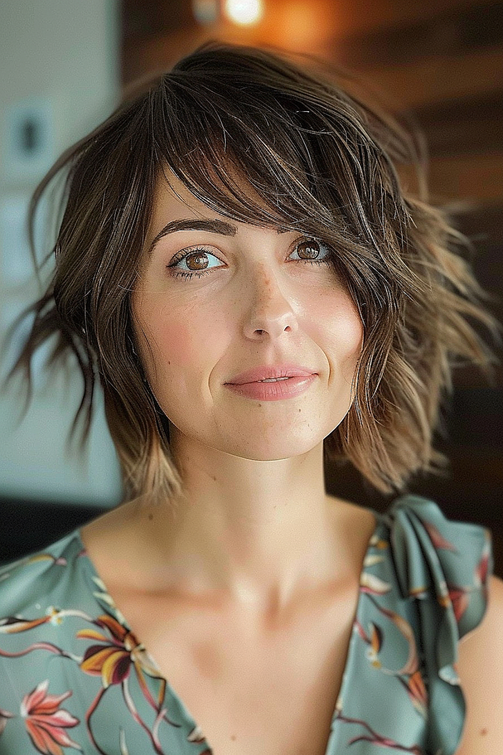 Woman with an asymmetrical shaggy bob, featuring dynamic layers and natural waves