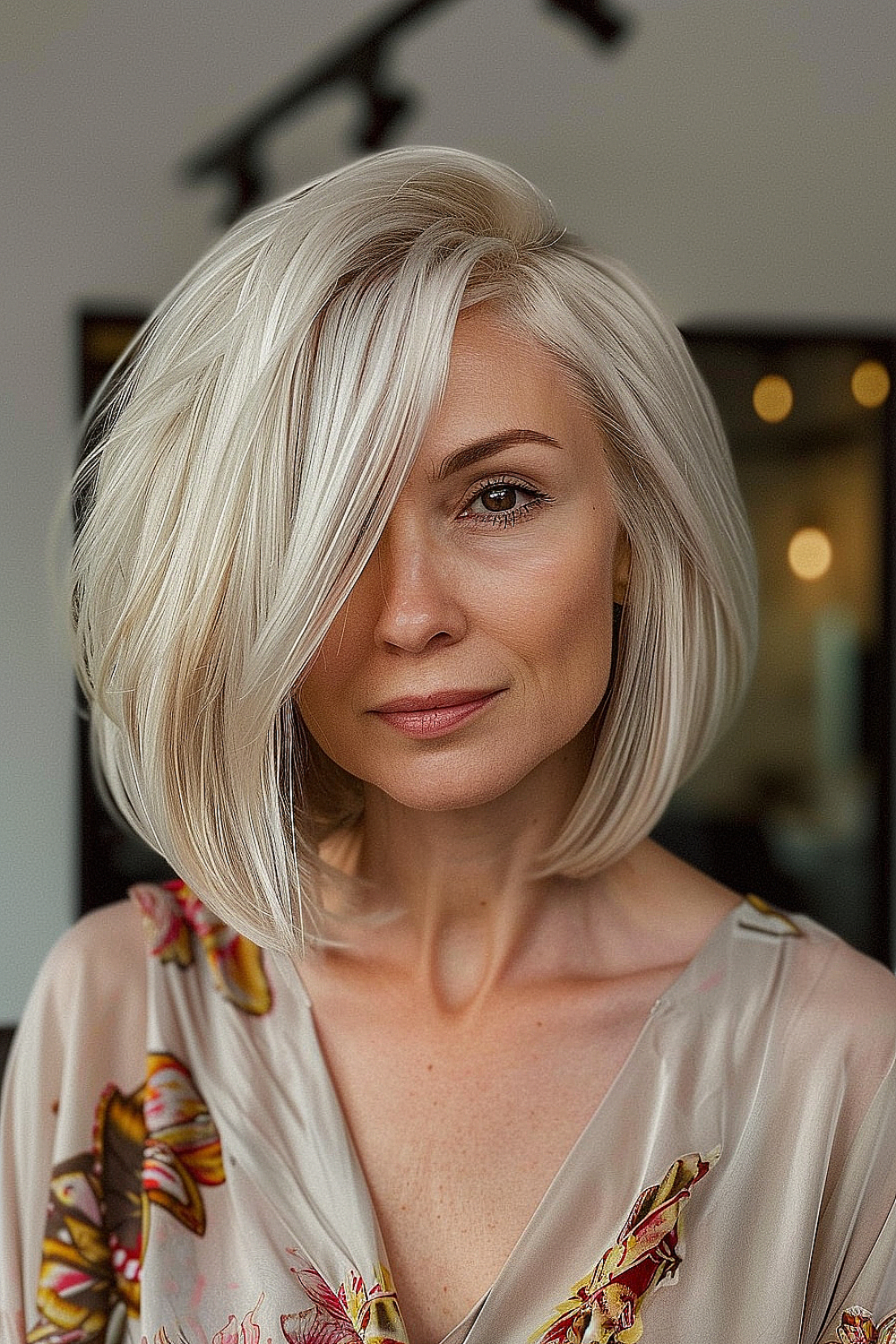 asymmetrical silver bob with sleek finish