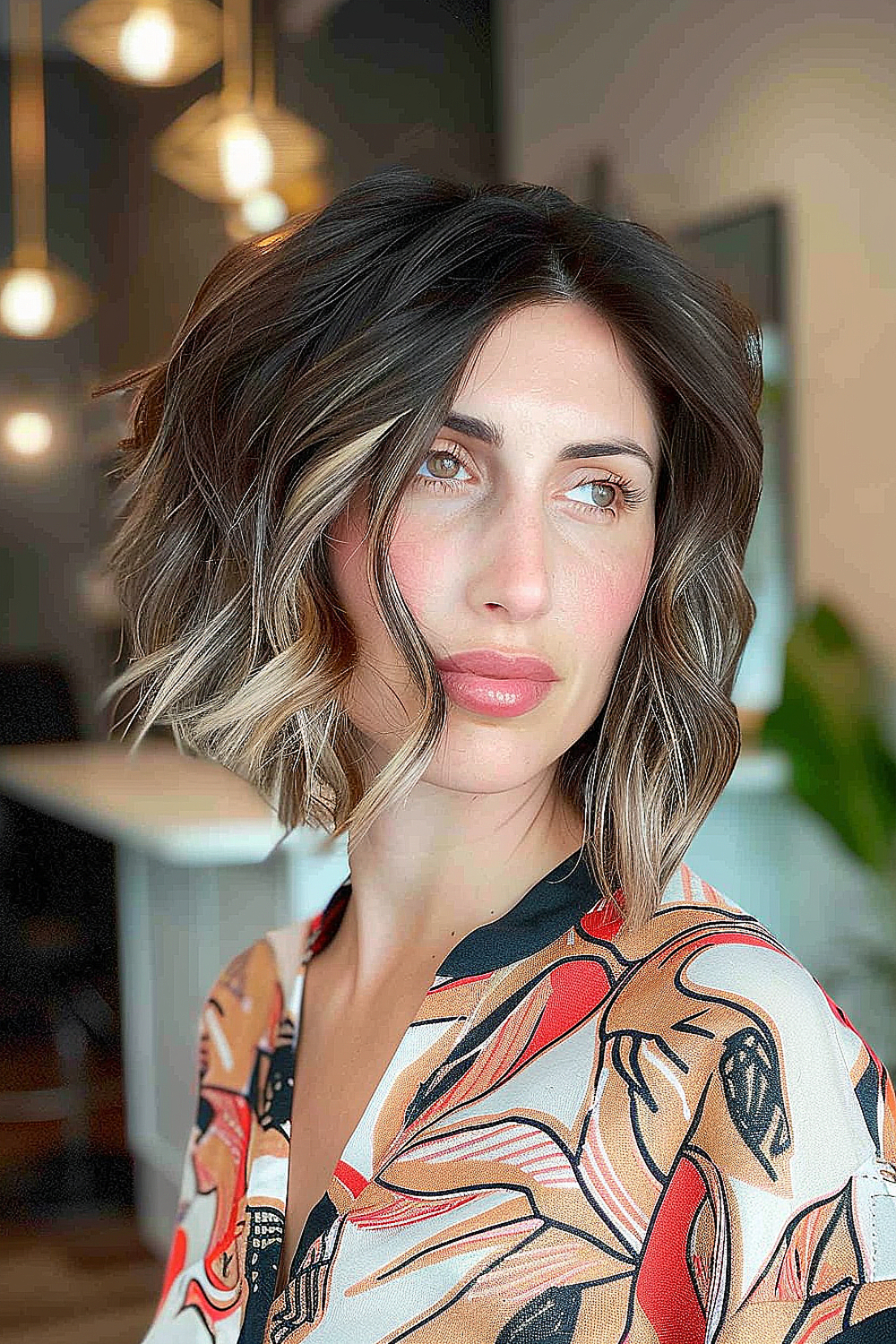 Woman with an asymmetrical textured bob and peekaboo highlights