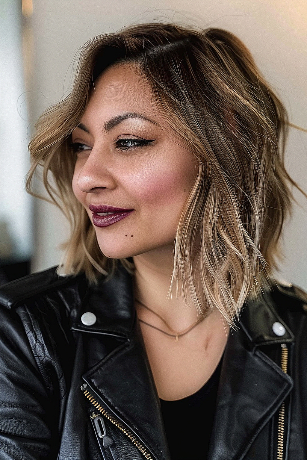 Woman with an asymmetrical wavy bob hairstyle