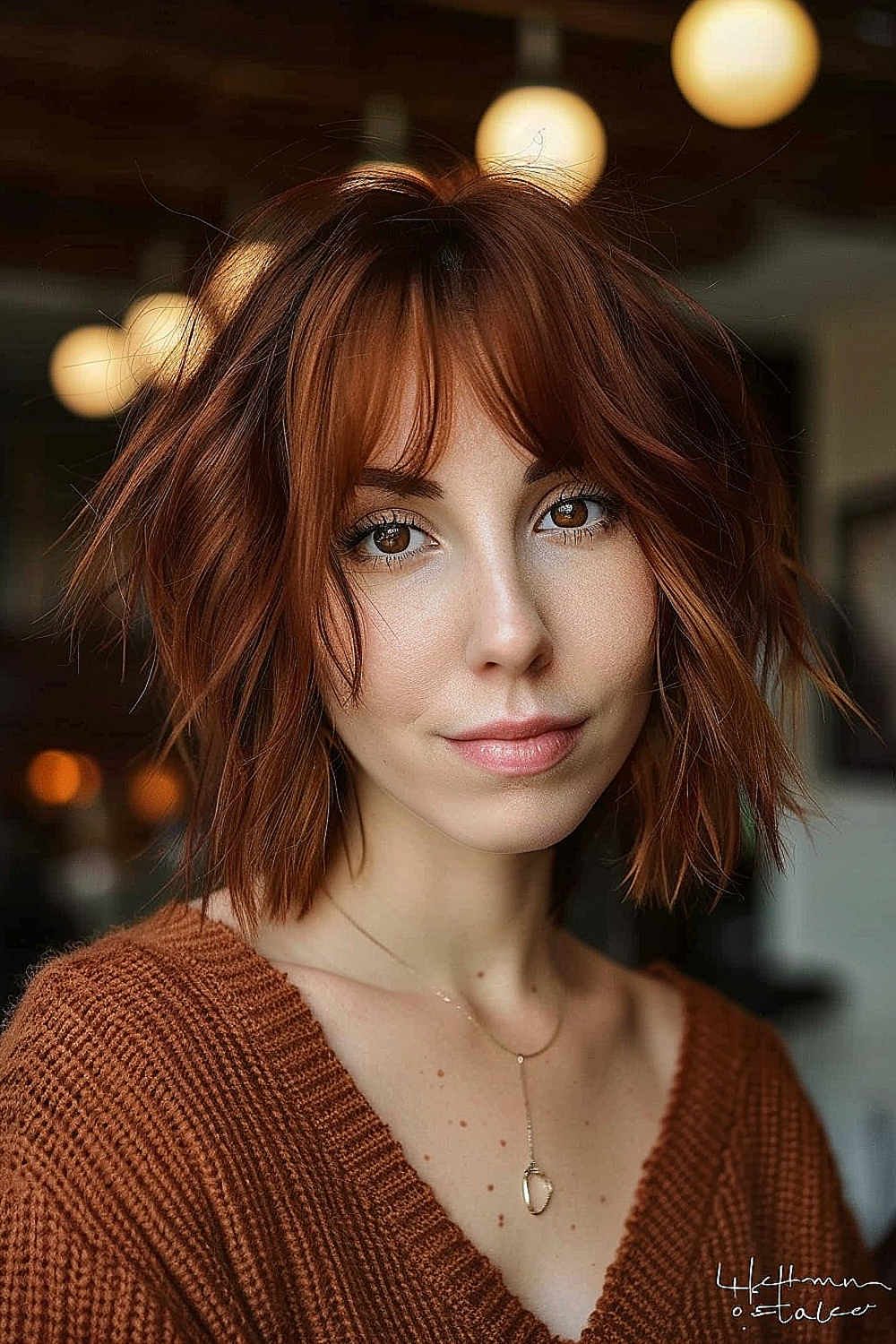 Woman with an auburn shaggy bob styled into subtle waves