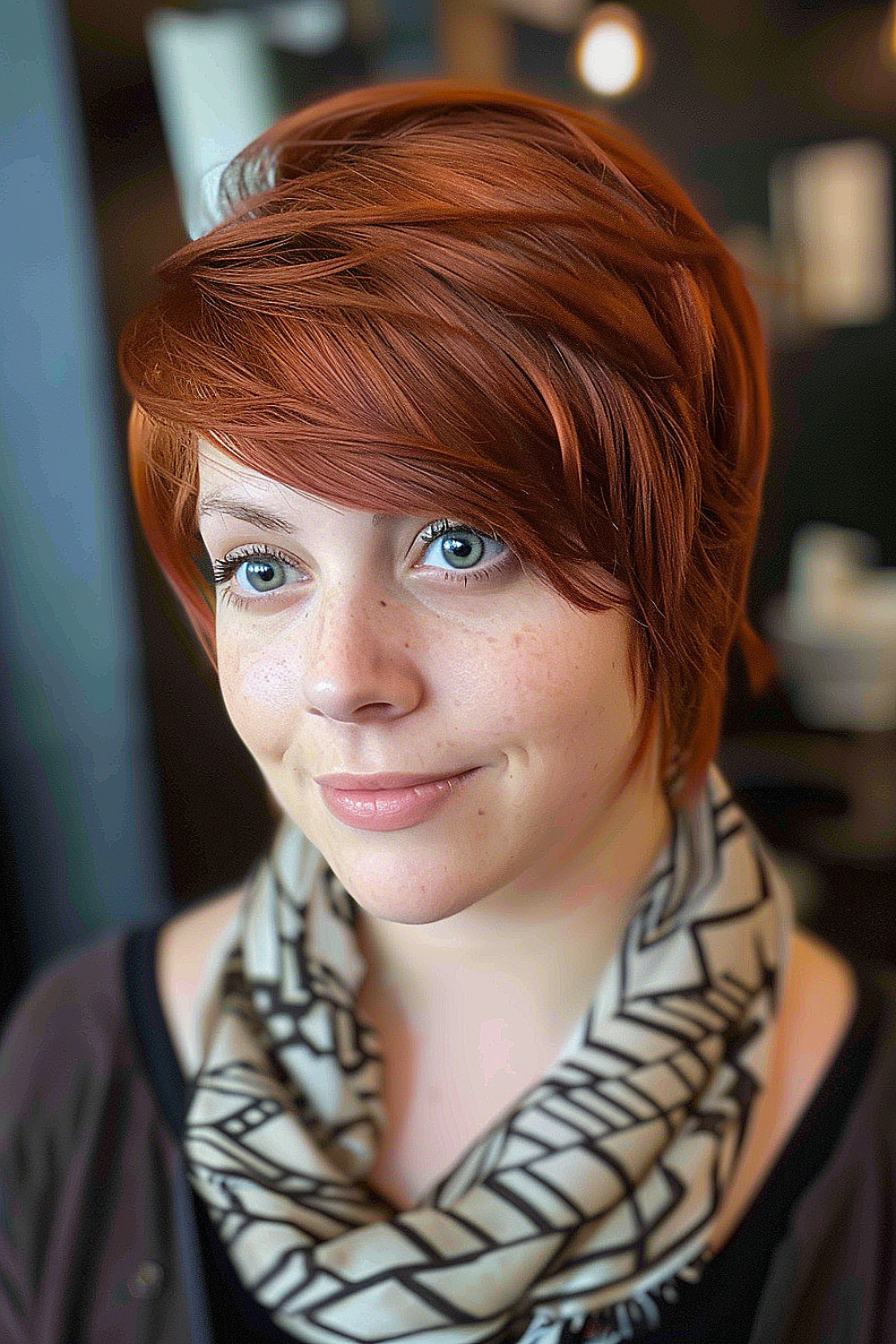 Woman with an auburn-toned bixie haircut and swooping bangs