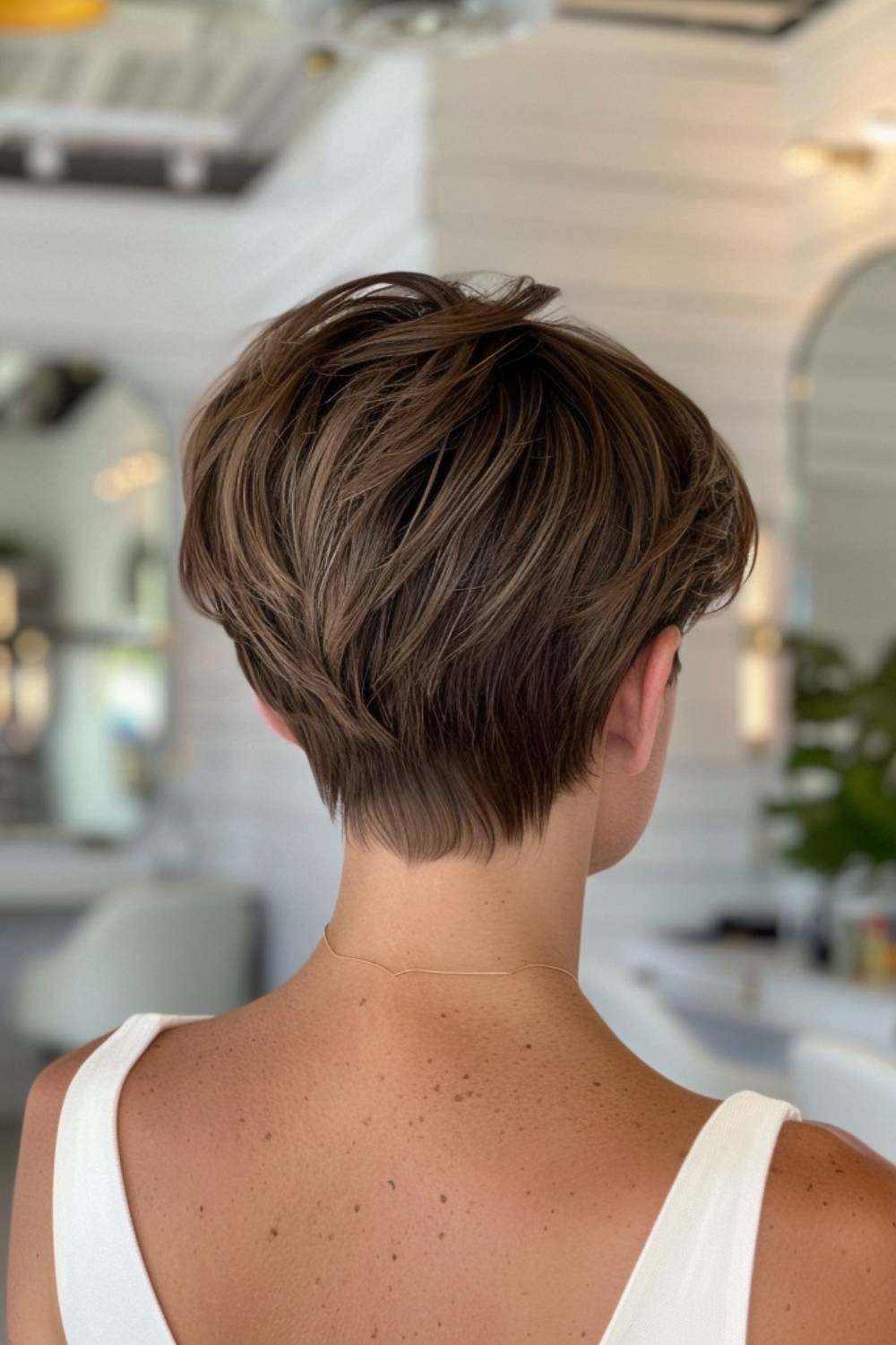 Back view of feminine pixie cut