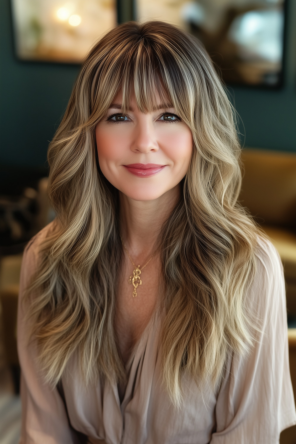 Balayage blonde with wispy bangs