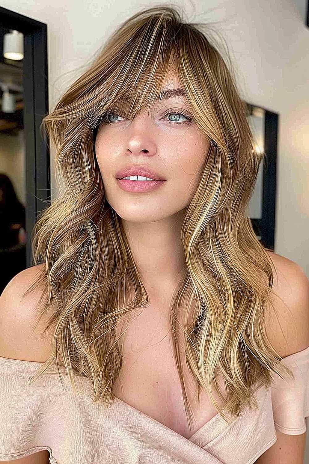 balayage medium hair with side bangs