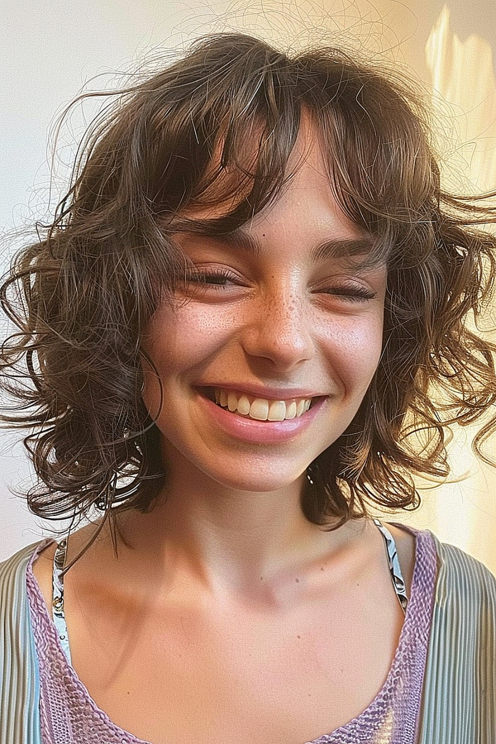 Woman with beach waves bob and feathered bangs