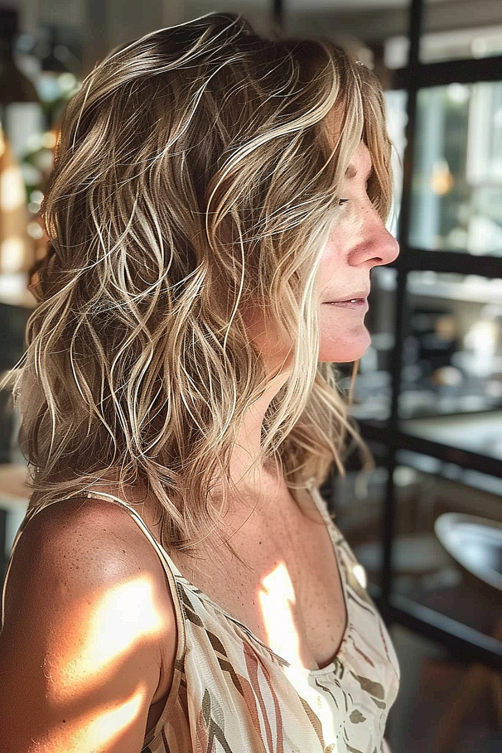 Shoulder-length hair with natural-looking highlights and relaxed beach waves