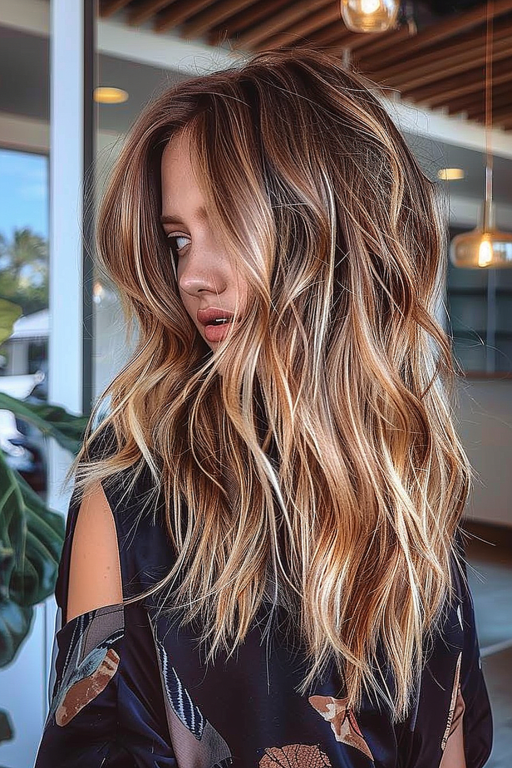 Long hair with beach waves and dramatic highlights