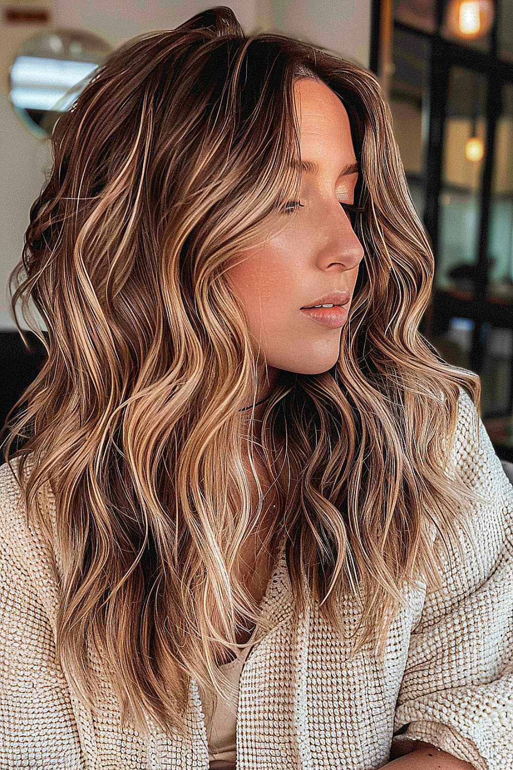 Long hair with beach waves and natural texture with warm highlights