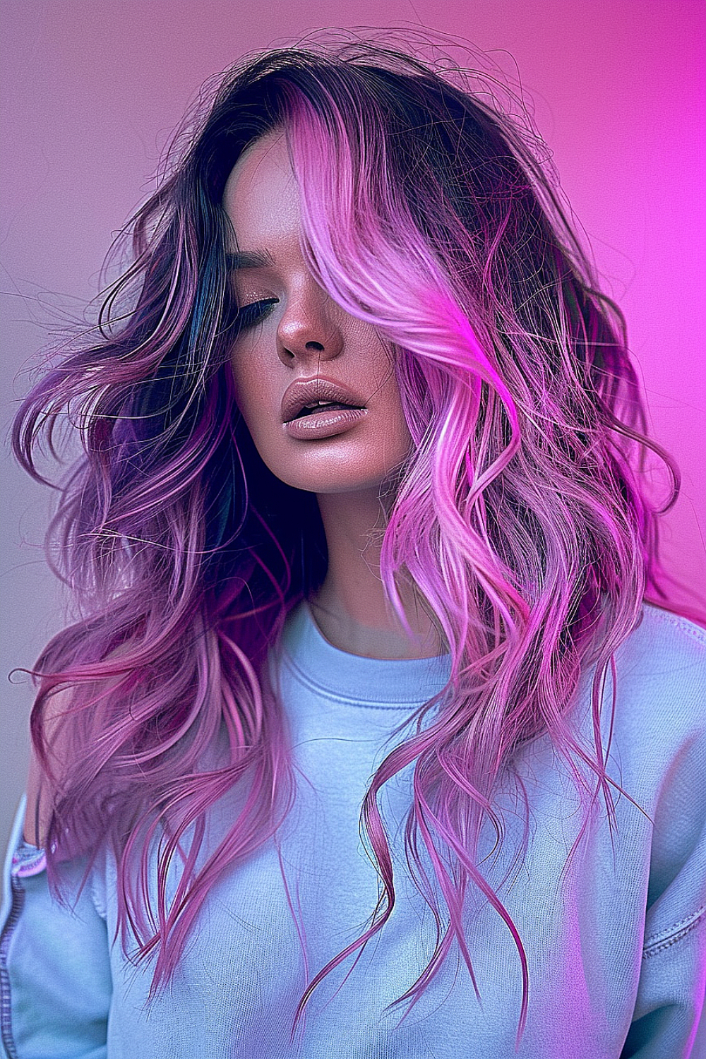 Long hair with beach waves and vibrant pastel streaks