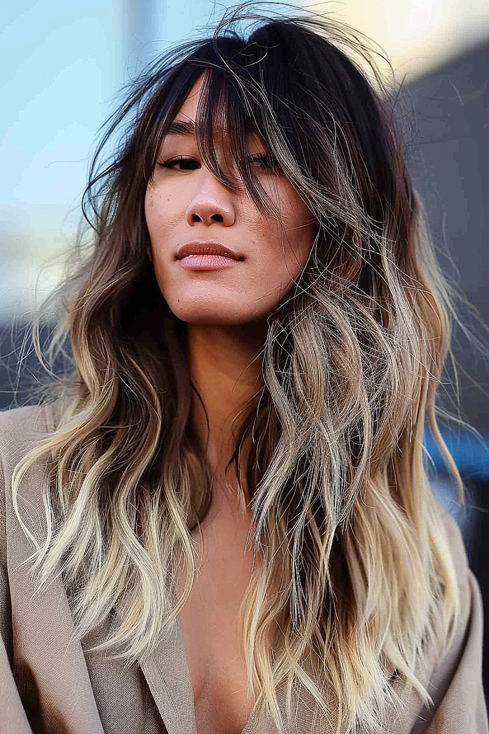 Long shag haircut with a brunette to blonde ombre and casual, tousled styling