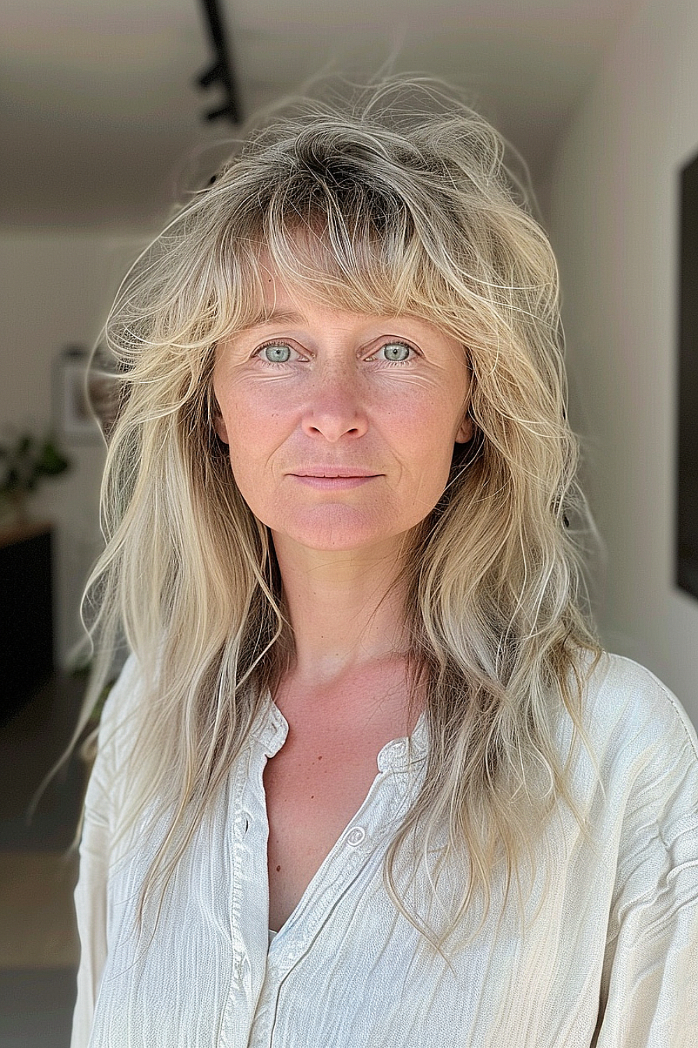 Beachy shag haircut with gentle waves on a mature woman