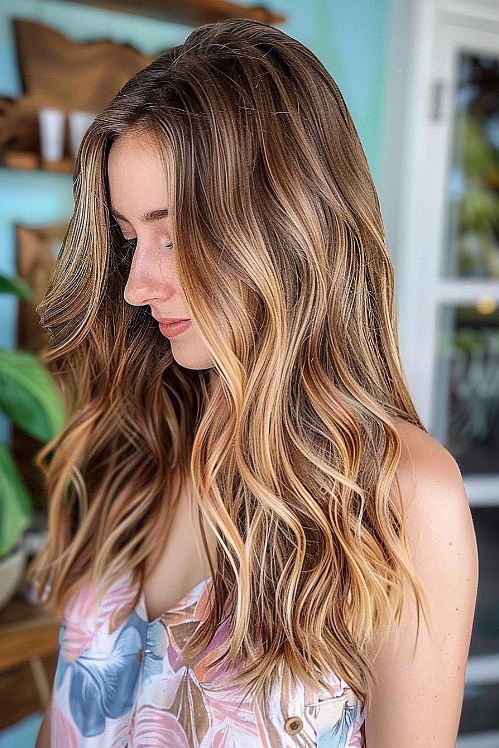 Long hair with beachy waves and sun-kissed highlights