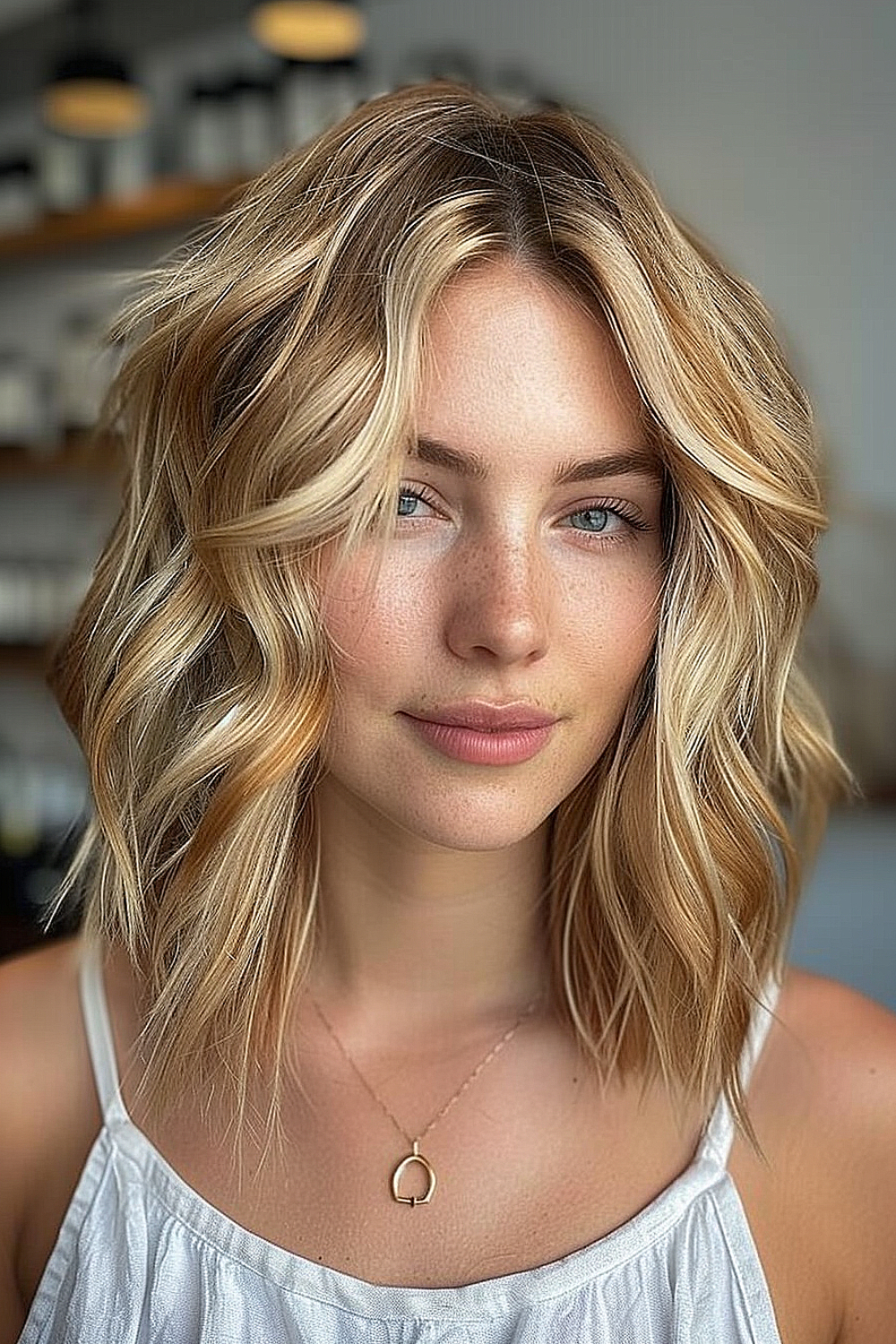 A lob haircut with relaxed beachy waves and honey blonde highlights radiating a summery vibe.