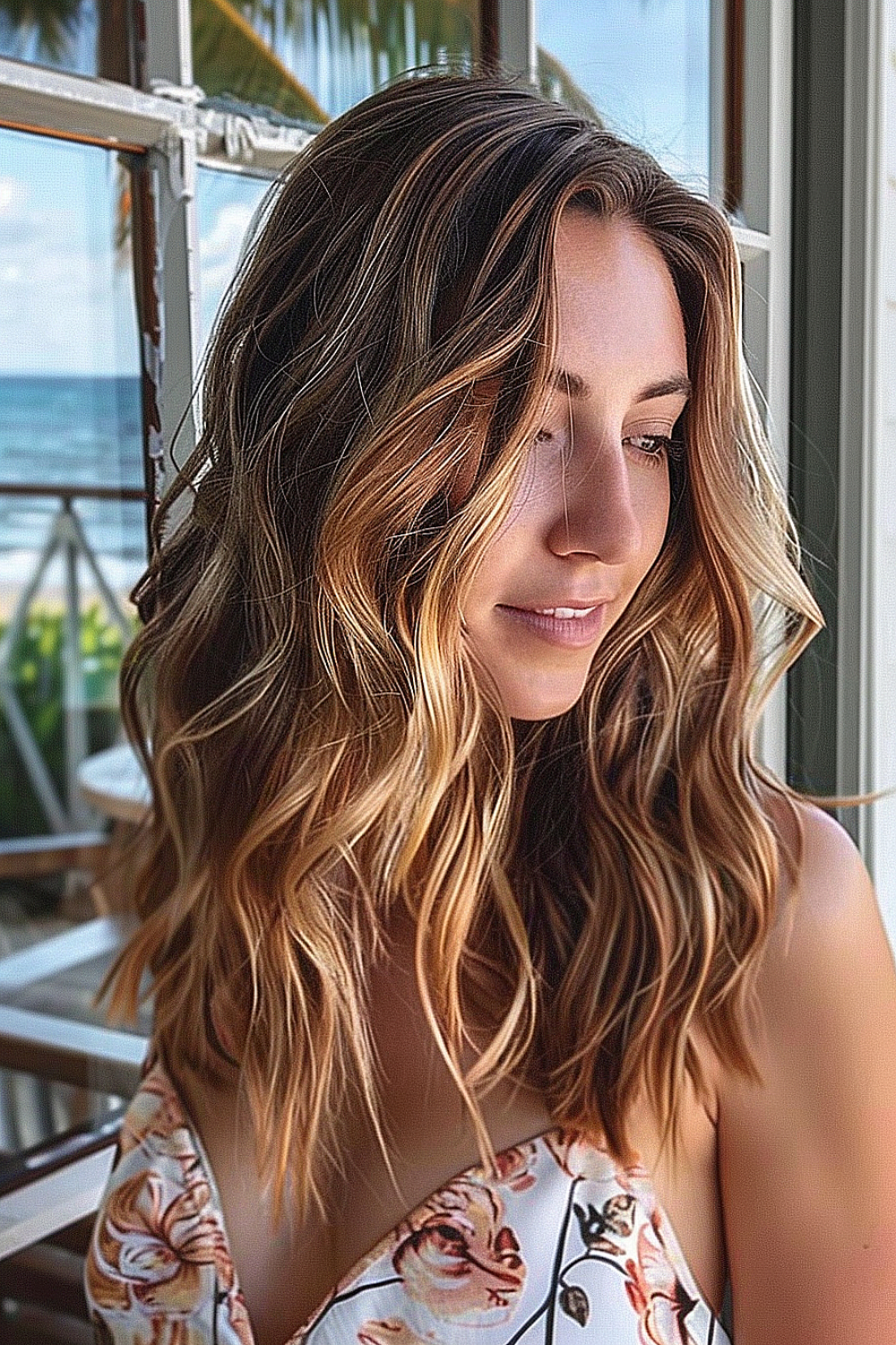 Wavy hair with sun-kissed highlights