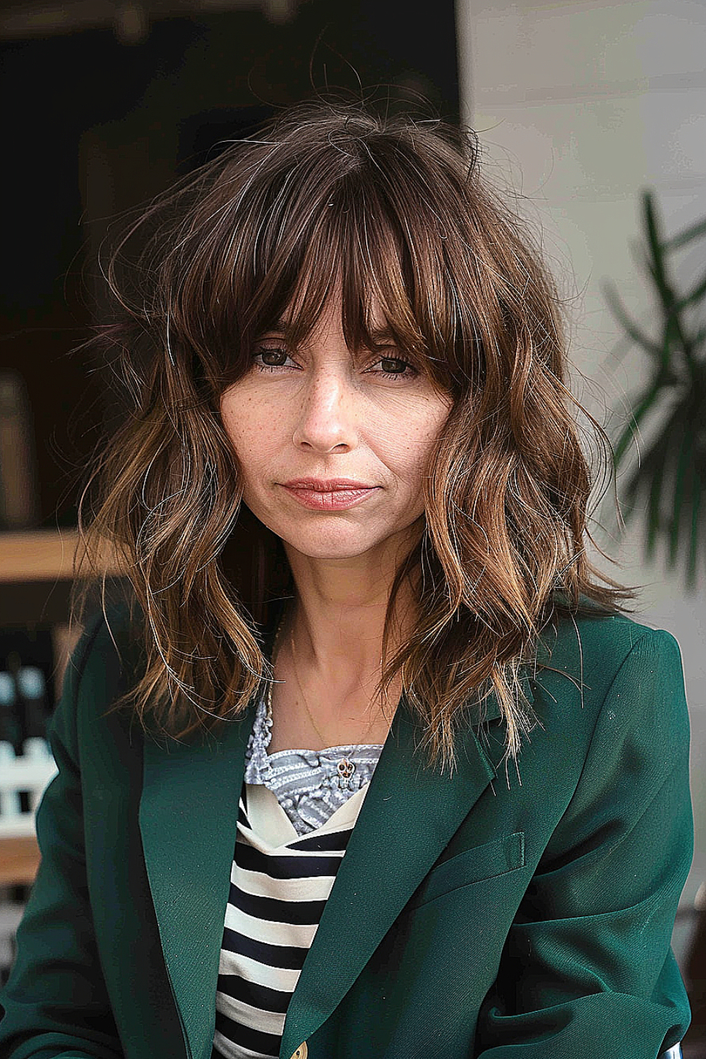 Woman with a brunette shag hairstyle and curtain bangs