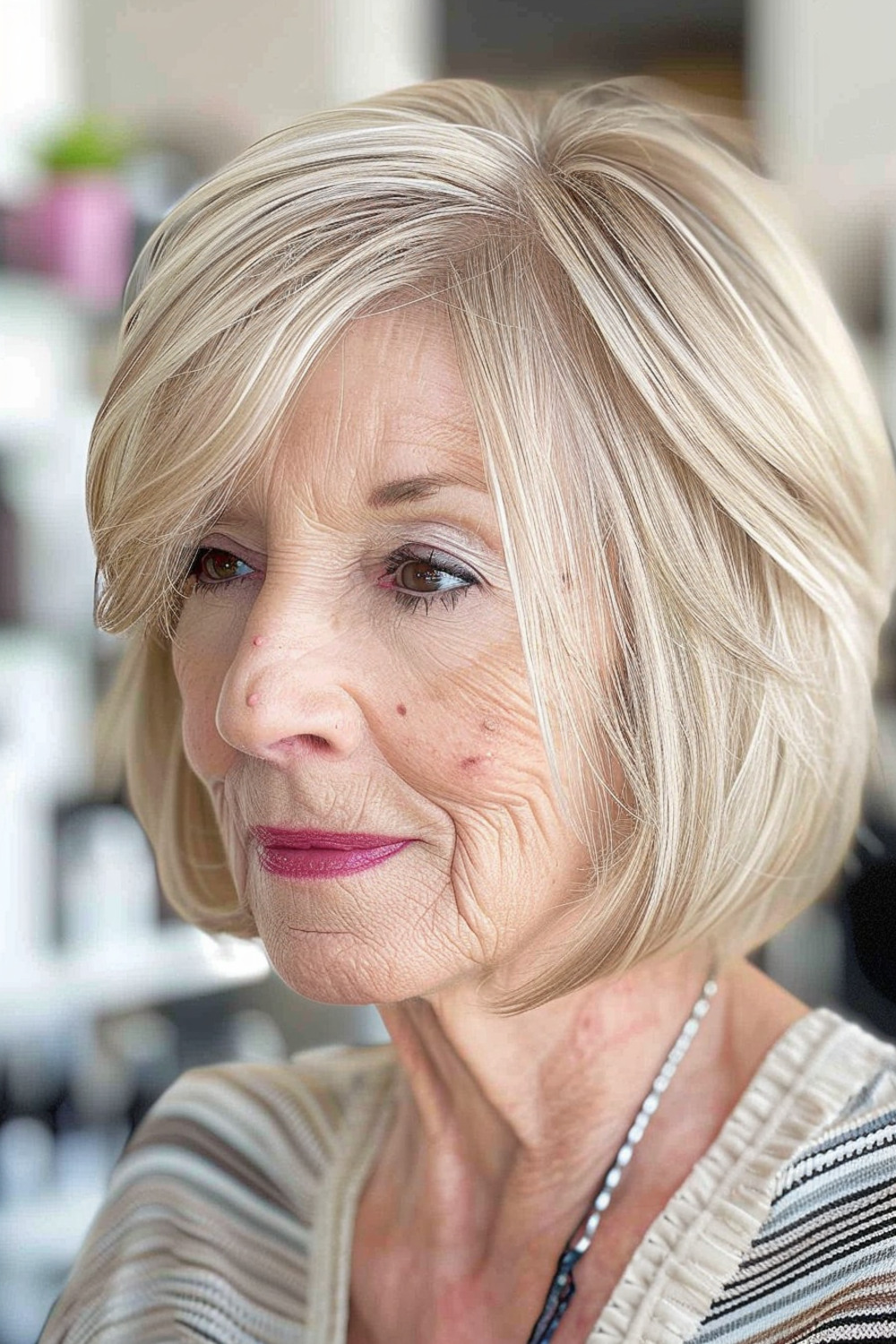 Blonde bob with layered ends for women over 70