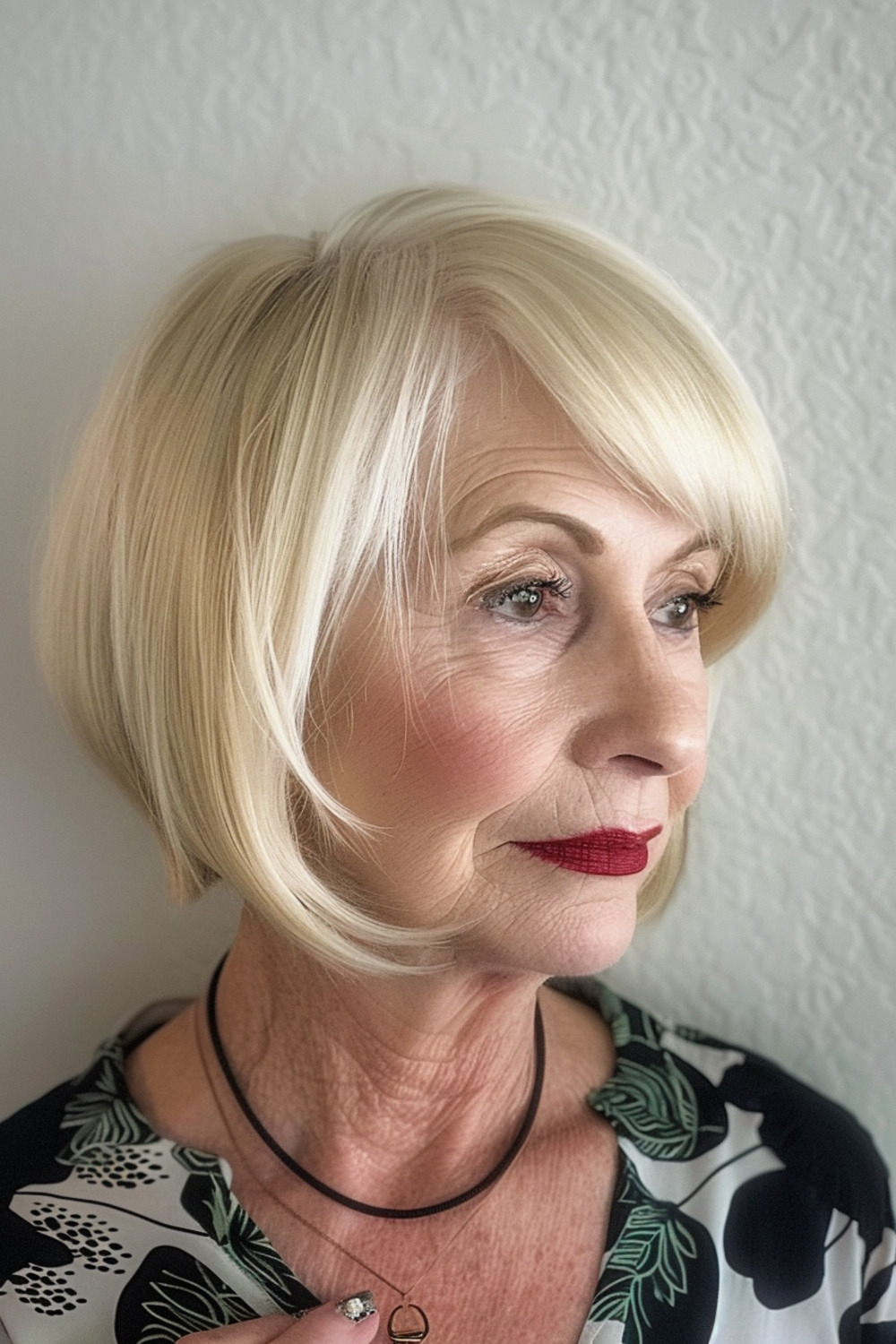 Blonde bob with side-swept bangs for women over 70