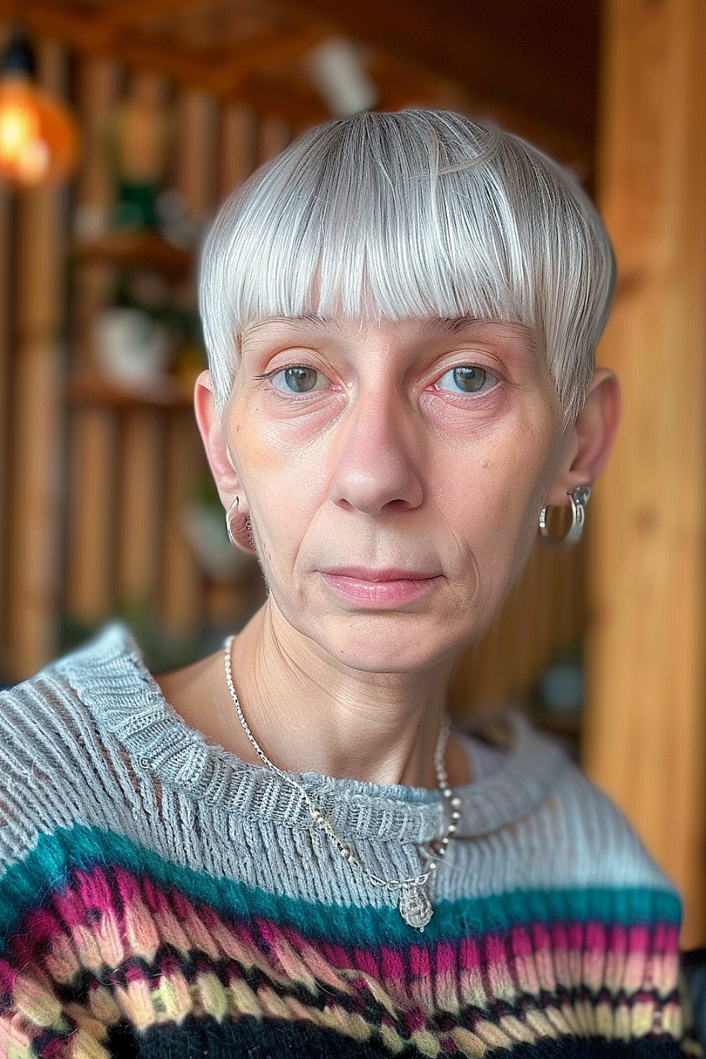 Blunt bangs on a classic pixie cut