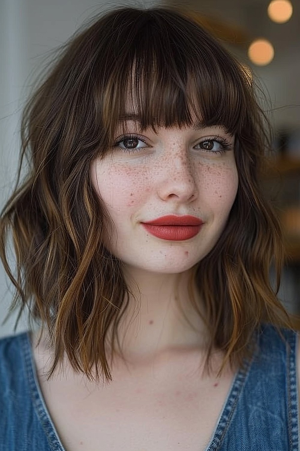 Wavy lob with blunt bangs and loose waves