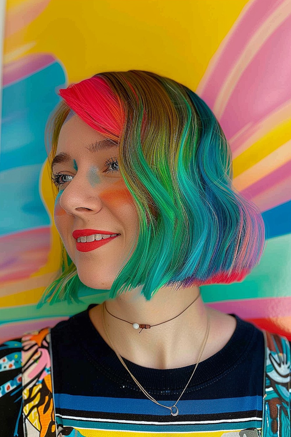 Blunt bob with vibrant pink, blue, and green colors