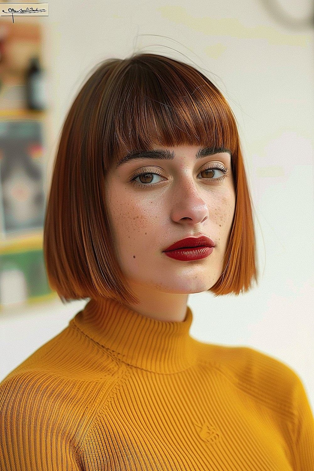 Woman with a blunt bob haircut and full bangs