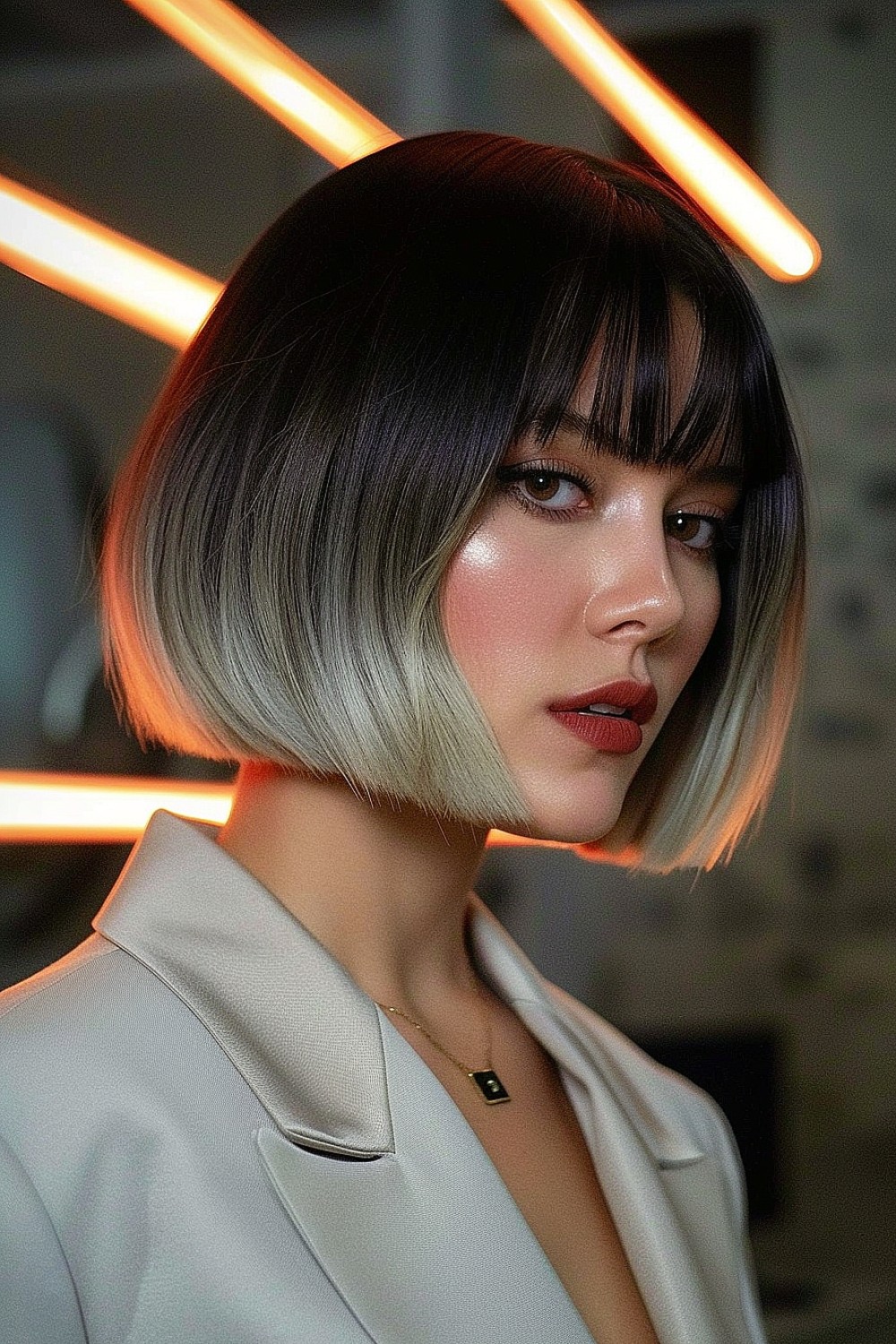 Blunt bob with dark roots and highlighted tips