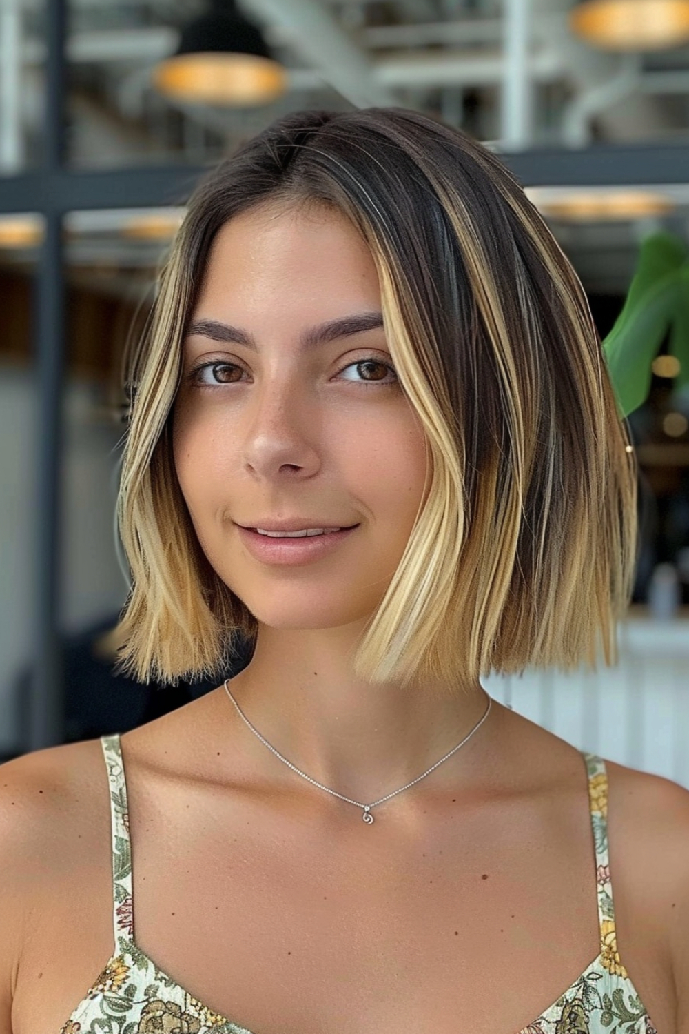 A woman with a bold blunt bob featuring dark roots and platinum blonde tips