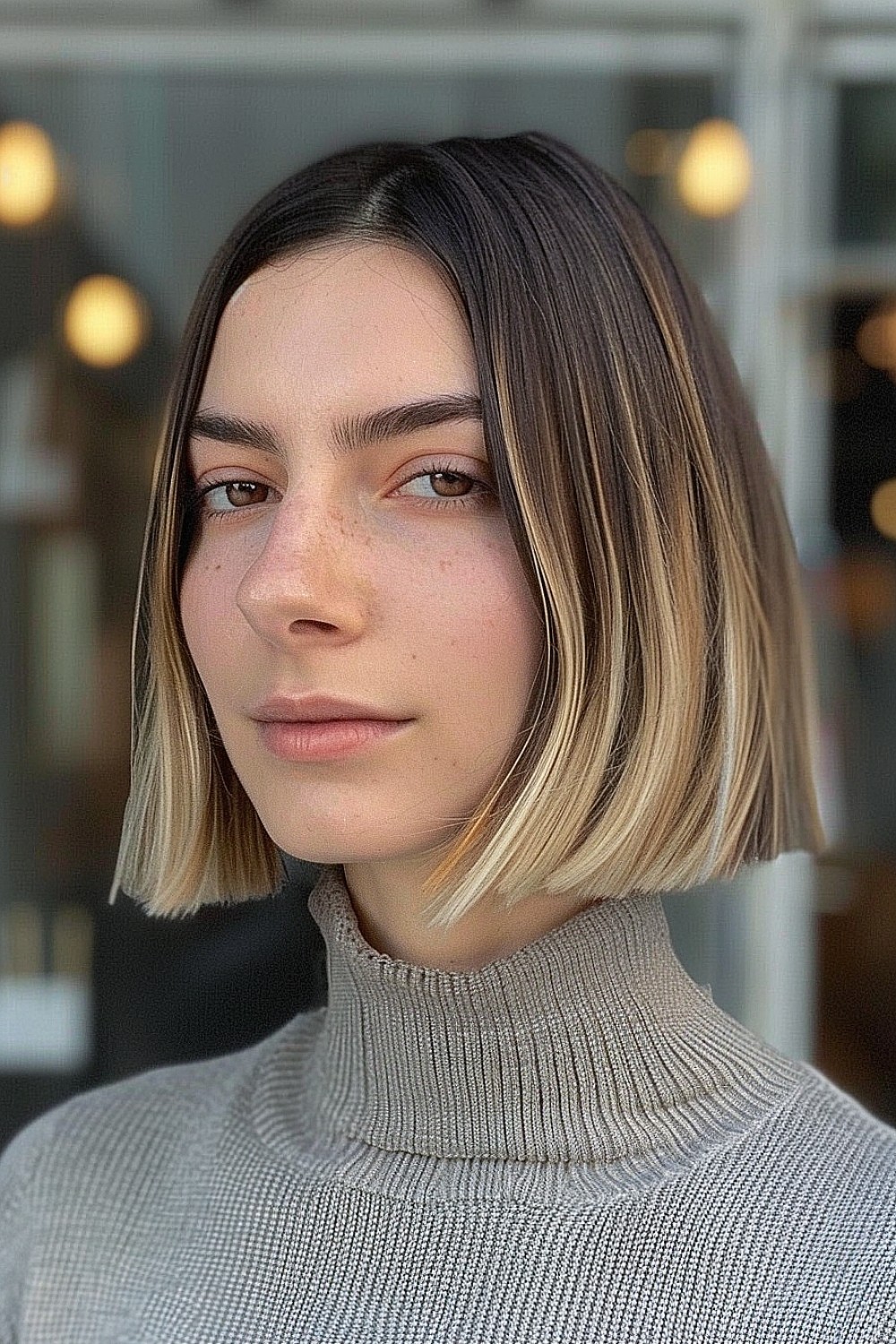 Blunt cut hairstyle with a middle part and ombre coloring