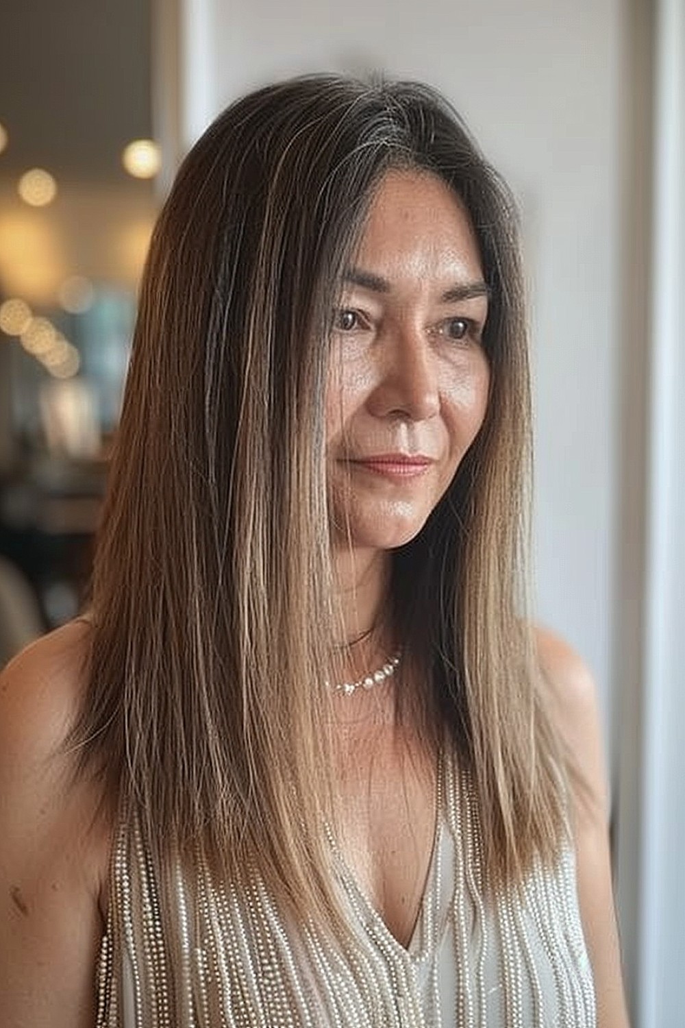 Woman over 50 with a sleek blunt cut and subtle highlights