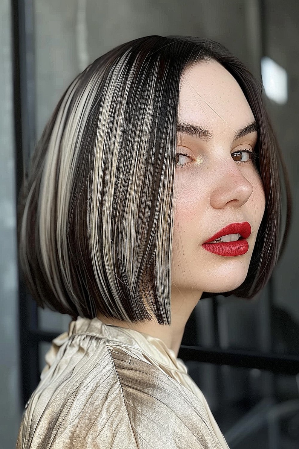 Sleek blunt cut bob with platinum blonde highlights