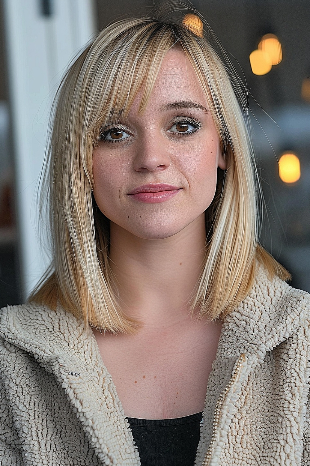 Blunt cut blonde hair with side-swept bangs