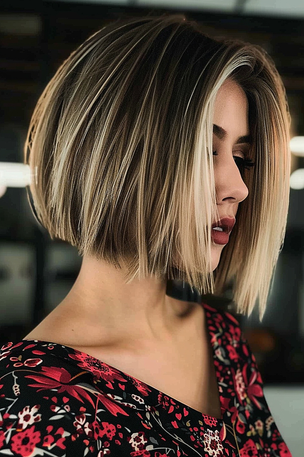 Blunt inverted bob with bold platinum streaks