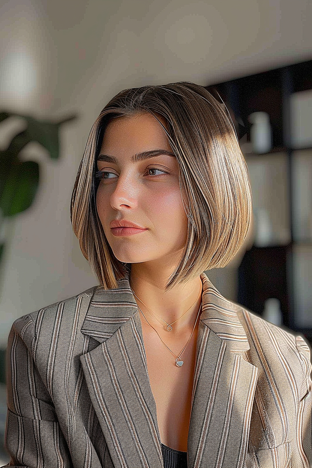 Woman with a blunt layered bob haircut