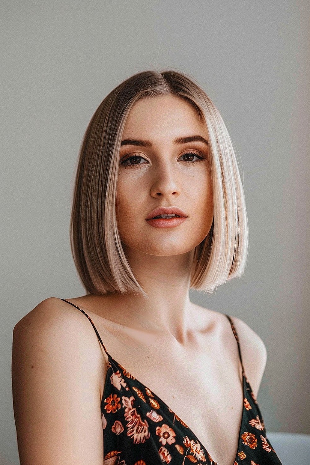 Blunt lob hairstyle with straight, even cut and middle part