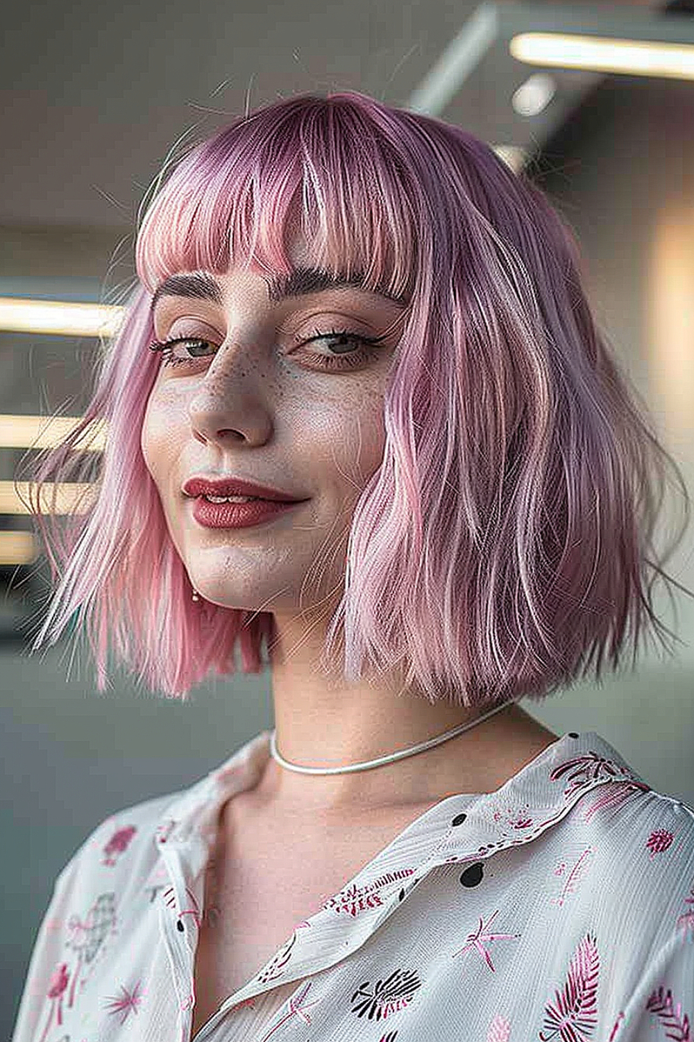 Woman with a blunt textured bob in pastel pink