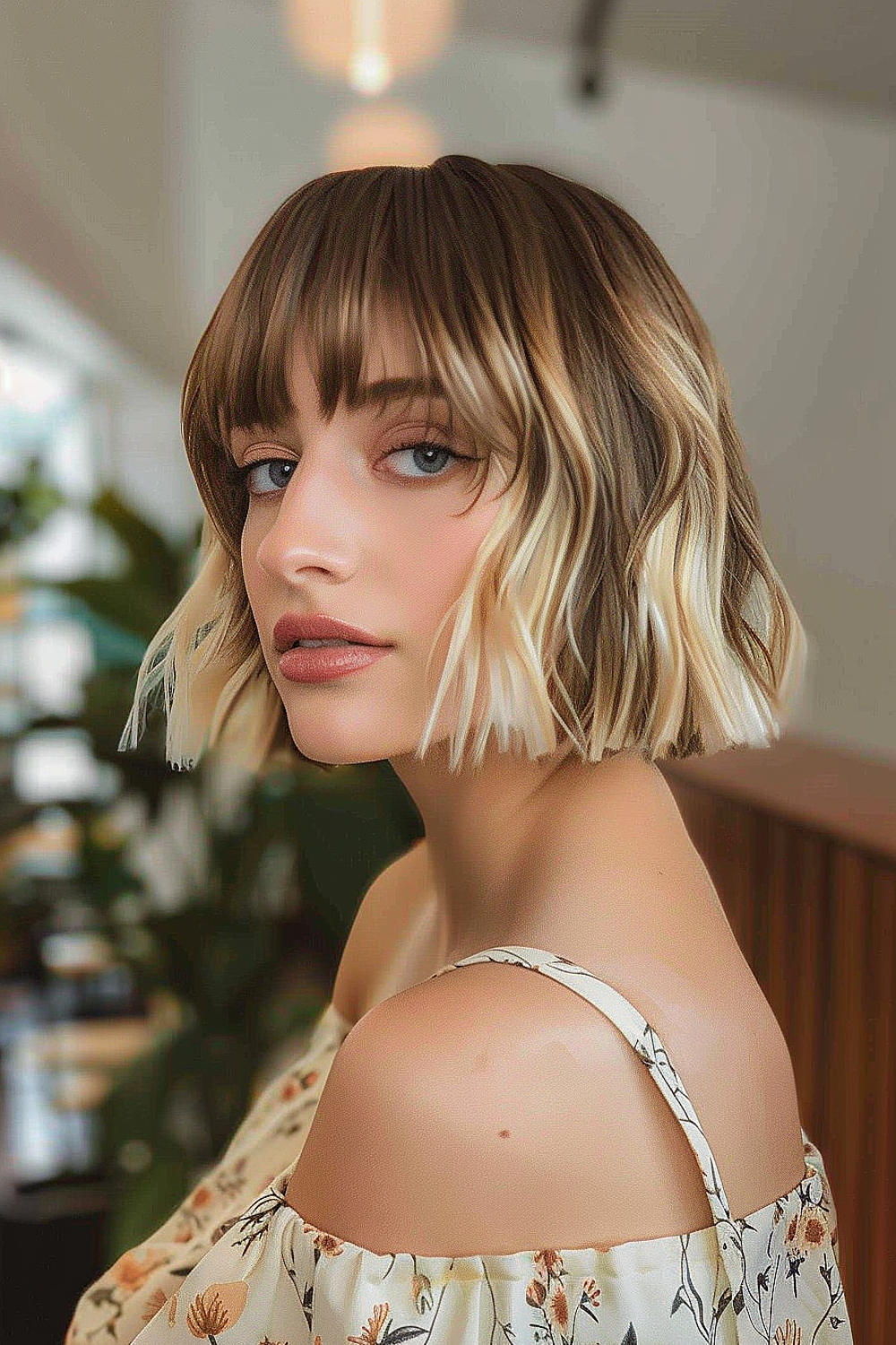 Woman with a blunt wavy bob hairstyle