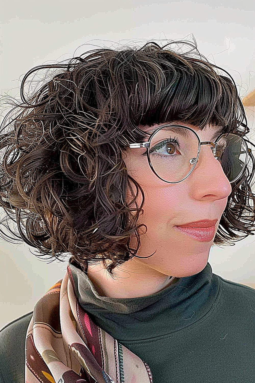 Woman with curly bob and blunt bangs