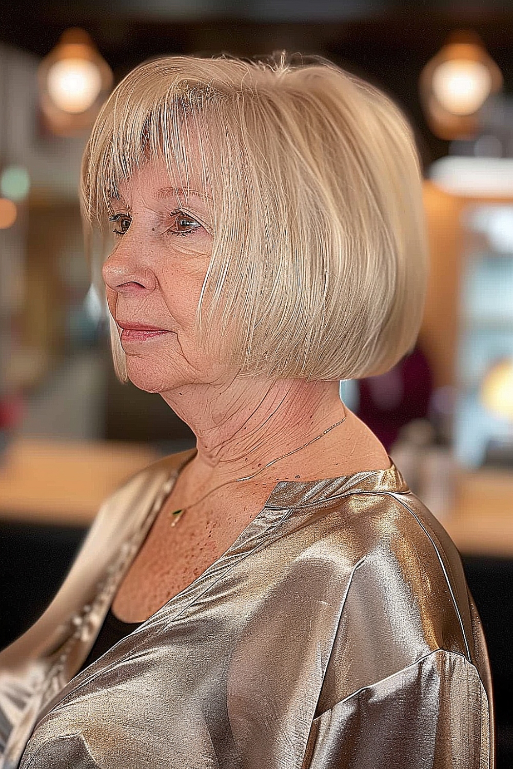 Classic bob haircut with wispy bangs for older women with fine hair