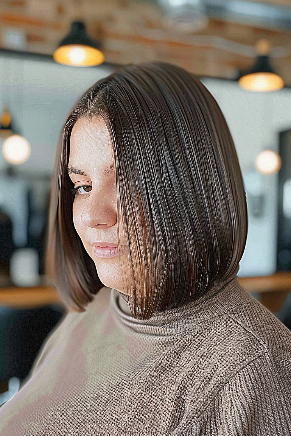 Sleek bob haircut for round face and fine hair with a straight, polished finish